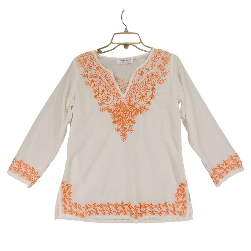 Snappy Turtle Tunic Top sz S Women White‎ Orange Embroidered Paisley Floral Boho
